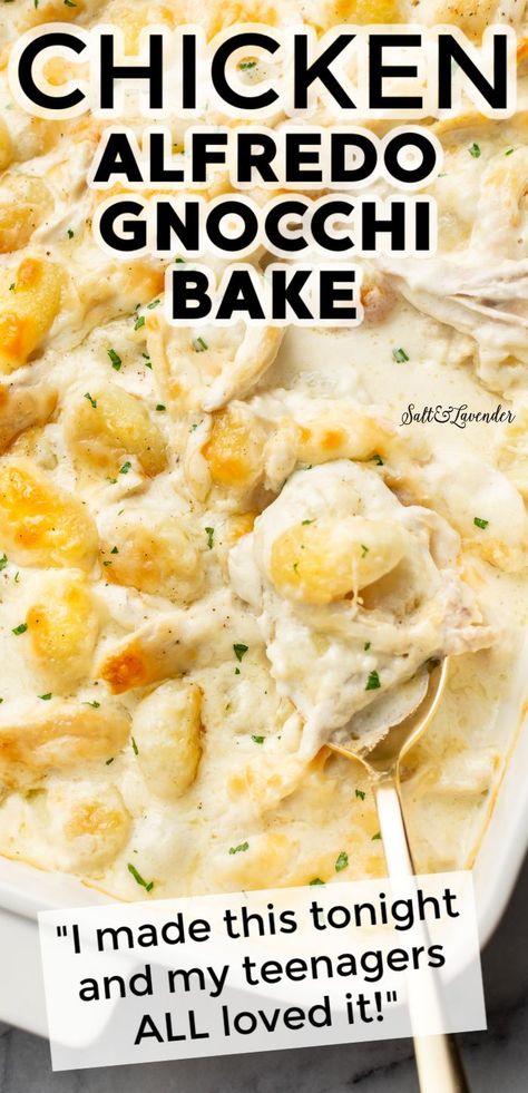 Alfredo Gnocchi Bake, Chicken Alfredo Gnocchi, Alfredo Gnocchi, Baked Chicken Alfredo, Make With Rotisserie Chicken, Cheesy Chicken Alfredo, Gnocchi Bake, Gnocchi Recipes Easy, Cheesy Baked Chicken