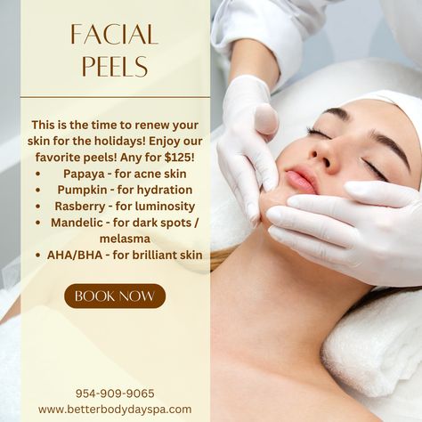 With our holiday sale, now is the perfect time to book your appointment and experience the benefits of our facial peels for yourself. Don't wait too long, our sale won't last forever! Contact us today by giving us a call at 954-909-9065 to schedule your appointment and get ready to show off your beautiful, radiant skin this holiday season. Esthetician Tips, Facial Peels, Face Tips, Tips Skincare, Better Body, Facial Peel, Body Spa, Chemical Peel, Book Your Appointment