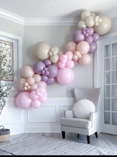 Small Simple Balloon Garland, Pink Purple White Balloon Garland, Balloon Wall Garland, Purple And Pink Balloon Garland, Girly Balloon Garland, Long Balloon Garland, Pink And Purple Balloon Decor, Balloon Garland On Wall, Pink And Purple Baby Shower Ideas