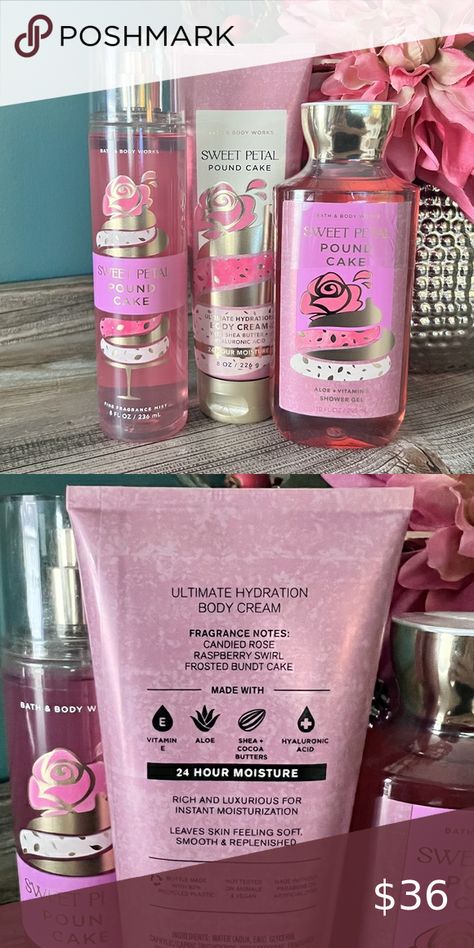 Bath Body Works Sweet Petal Pound Cake Body Set Sweet Petal Pound Cake, Body Mist, Pound Cake, I Got It, Bath Body, Bath Body Works, Shower Gel, Body Cream, Body Works