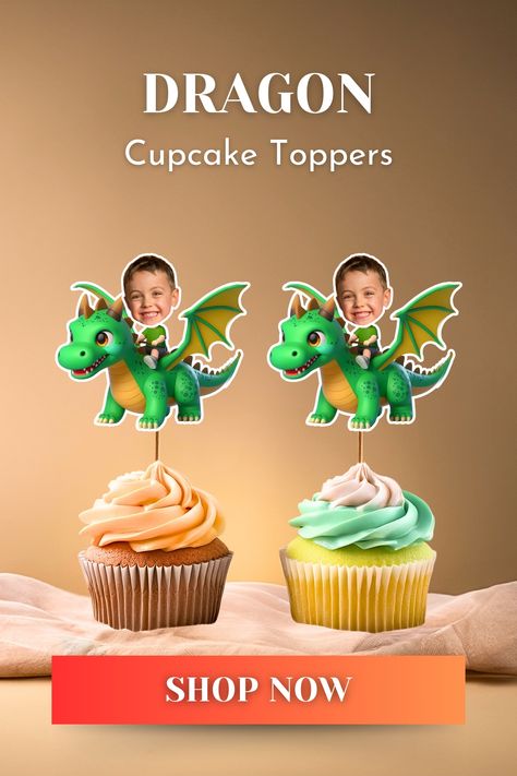 A dragon cupcake topper that can be customized with the birthday boy's face Dragon Birthday Theme, Dragon Cupcakes, Face On A Stick, One Year Old Birthday, Cupcake Toppers Template, Dragon Birthday Parties, Custom Cupcake Toppers, Dragon Cake, Dragon Birthday