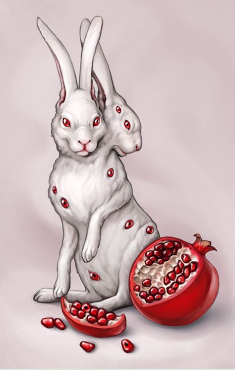 Pomegranate bunny White Rabbits, Rabbits, Pomegranate, Red, White, Art