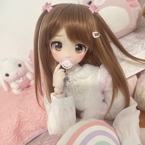 Pink Bjd Doll, Mini Dollfie Dream, Dolfie Dream Dolls, Dollfie Dream Dolls, Cutecore Figures, Doll Pfp, Super Dollfie, Anime Brown Hair, Bjd Anime