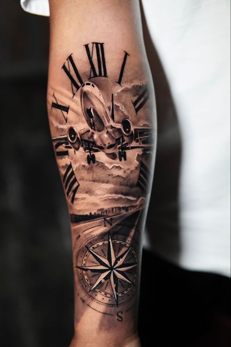 Airplane Sleeve Tattoo, C-130 Tattoo, Travel Half Sleeve Tattoo, Tattoo Topgun, Compass And Plane Tattoo, Guy Tattoos Arm, Aviation Tattoos For Men, Airplane Tattoo Men, Aviation Tattoo Pilots