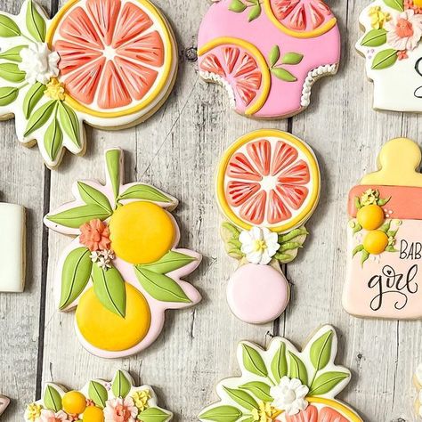 Citrus Decorated Cookies, Citrus Cookies Decorated, Citrus Sugar Cookies, Citrus Themed Cupcakes, Summer Girl Baby Shower Themes, Summer Citrus Baby Shower Ideas, Citrus Themed Baby Shower Ideas, Baby Girl Shower Themes Summer, Citrus Baby Shower Ideas