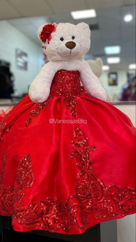 Teddy Bear with a Red Quinceañera Dress Red Quinceanera Teddy Bear, Cute Quinceanera Dresses Red, Red Quince Bear, Red Quince Teddy Bear, Red Quinceanera Chambelanes, Quince Entertainment Ideas, Quinceanera Red Theme, Red Xv Dresses, Hollywood Quince