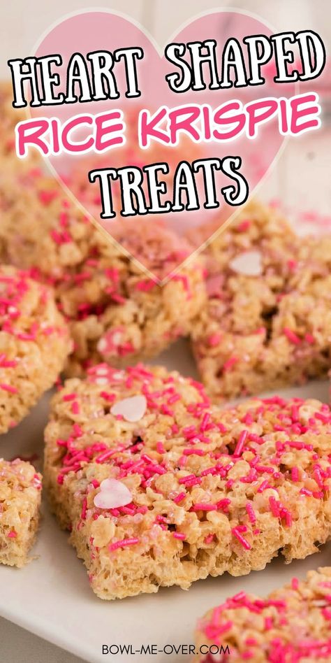 Heart shaped rice krispie treats with valentine day type sprinkles with Pinterest overlay. Valentine Rice Krispie Treats, Shaped Rice Krispie Treats, Gluten Free Rice Krispie Treats, Baked Rice, Rice Crispy Treats, Gluten Free Rice, Valentines Day Treats, Crispy Treats, Rice Krispie Treats