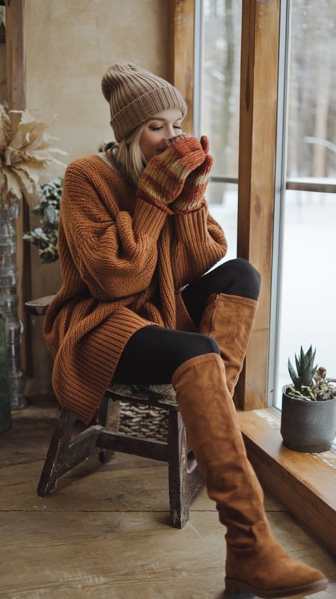 Warm hues and inviting textures are your best friends this winter. This cozy and chic outfit, wrapped around your charming personality, creates the perfect winter wonder story that everyone craves for. Elevated Cozy Outfit, Cozy Winter Aesthetic Outfits, Cozy Cabin Outfit, Romanticize Winter, Country Fall Outfits, Cabin Outfit, University Fashion, Boho Winter Outfits, Happy Outfit