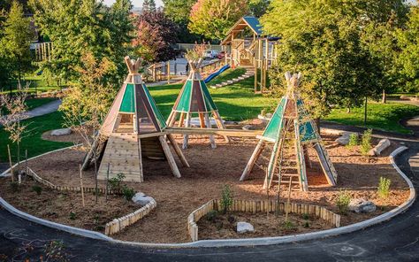 Desert Playground Ideas, Nature Scape Playground, Special Needs Playground, Woodland Playground, Homemade Playground, Hillside Playground, Covered Playground, Mountain Playground, Whimsical Playground