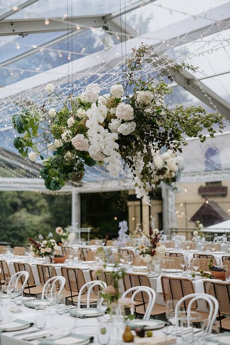 Hanging Floral Cloud Wedding, White And Green Hanging Floral Installation, Flower Ceiling Installation Wedding, White Floral Hanging Installation, Overhead Floral Installation, Aerial Floral Installation Wedding, Hanging Floral Chandelier Wedding, Flowers On Chandelier Wedding, Hanging Hydrangeas Wedding