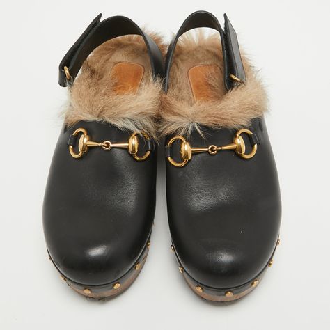 Gucci Black/Brown Leather and Fur Horsebit Amstel Slingback Clogs Size 36.5 Gucci Clogs, Slingback Clogs, Brown Clogs, Gucci Gucci, Gucci Black, Gucci Shoes, Velcro Straps, Womens Fashion Trends, Fur Trim