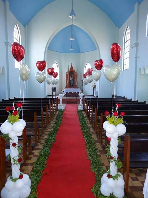 Engagement Balloons, Church Aisle, Wedding Church Decor, Fun Wedding Decor, Red And White Weddings, Wedding Balloon Decorations, Church Wedding Decorations, Diy Balloon Decorations, Wedding Venue Decorations