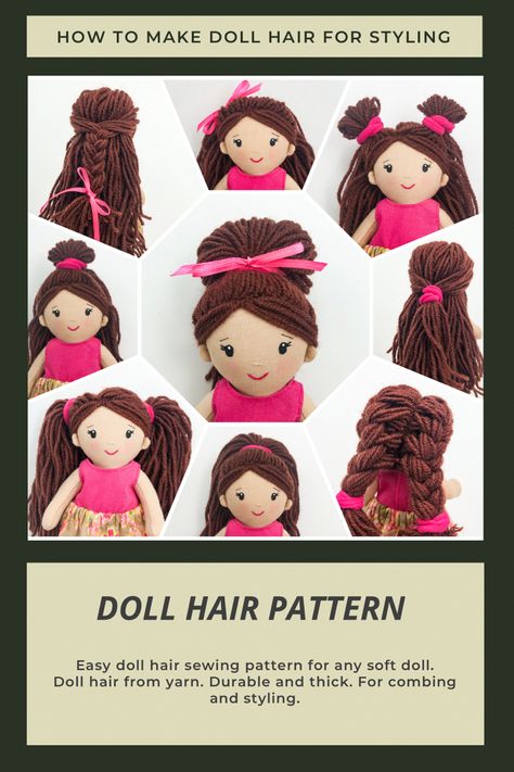 Felt Doll Hair Tutorial, Knitted Doll Hair, Doll Yarn Hair, Rag Doll Clothes Patterns Free, Diy Rag Doll Pattern Free, Cloth Doll Pattern, Yarn Doll Hair, Yarn Hair For Dolls, Rag Doll Hair Tutorial