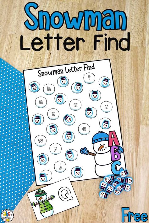 Your preschoolers and kindergarteners will have fun this winter learning the ABC's with this free printable Snowman Letter Find Activity! Abc Prek Activities, Winter Ela Activities Preschool, Snowman Letter Match, Snowman Literacy Activities, Christmas Letter Recognition Activities, Winter Centres For Kindergarten, Snowman Letters Free Printable, Snowman Activities Preschool Free Printables, W Is For Winter Preschool