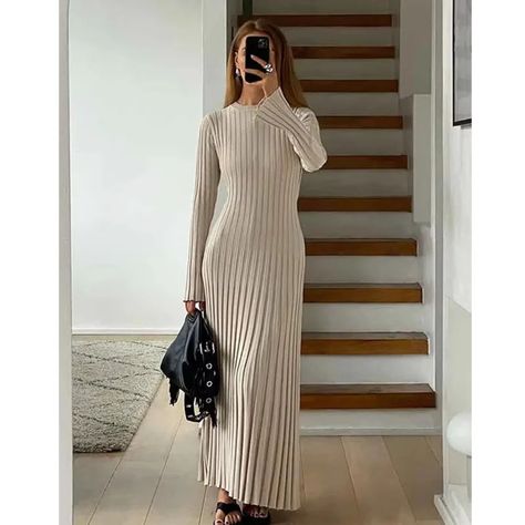 Elegant Knitted Long Sleeve Maxi Dress Women Crochet Slim Fit Solid Lace Up Midi Dress 2024 Autumn Ladies Long Dresses, Knit Long Sleeve Dress, Flamboyant Natural, Outfits Preppy, French Dress, Summer Capsule, Dress Simple, Long Sleeve Knit Dress, Crop Top Shirts