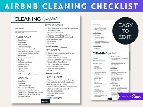 Have your own Airbnb business, but aren't a professional cleaner? This Airbnb Cleaning Checklist is a must-have for any VRBO or Airbnb host who wants premier or super-host status. Packed with all your Airbnb cleaning needs from indoor to outdoor, to make sure no space is forgotten, and your vacation rental is always ready for the next guest. This editable Airbnb checklist does all the work for you, while making it easy to personalize for your unique space. It's a Canva template designed and acce Airbnb Checklist House Guests, Cabin Cleaning Checklist, Airbnb Cleaning Service, Rental Cleaning Checklist, Airbnb Inventory Checklist, Vacation Rental Cleaning Checklist, Airbnb Cleaning Checklist For Cleaners, Airbnb Cleaning Checklist Free, Airbnb Cleaning Checklist