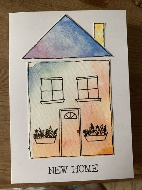 Watercolour Houses Simple, Watercolour New Home Card, New Home Cards Handmade Watercolour, New Home Watercolor Card, Diy Watercolor Cards, Christmas Cards Drawing, Designer Paper Cards, Pastel Boho, Watercolour Card