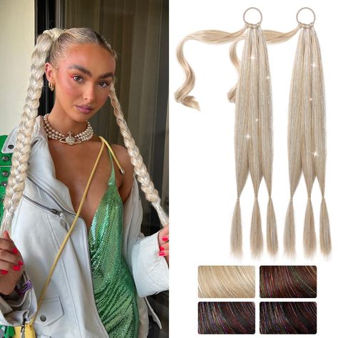 PRICES MAY VARY. 💖Natural and Soft - Our SEIKEA 26" braid ponytail extension blend glitter hair tinsel is crafted from premium synthetic fiber hair, making the hair strands natural and soft. Length: 26 inches/66cm, Weight: 130g/4.6oz. (Warm Tips: After the braid hair extension is braided, the length will be shortened a bit. 26"/66cm, after braided 23"/58cm;) 💖DIY Versatile Ponytail Hairstyles - The long braid hair extensions are super versatile for endless days of hair bliss. This braid extens Long Braid Hair, Hair Extensions Ponytail, Extensions Ponytail, Braid Ponytail, Rave Hair, Bubble Ponytail, Hair Tinsel, Hair Strands, Diy Braids