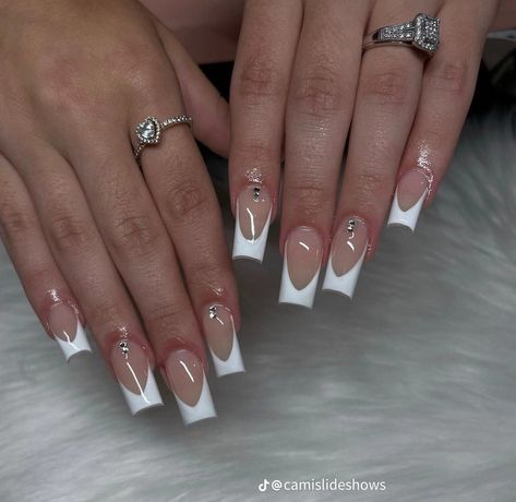 French Tip W Gems, Plain Nails With Gems, White French Tip With Gems, Nails W Gems, White Nails With Gems, French Tips With Gems, French Tip Nails With Gems, Plain Acrylic Nails, Plain Nails