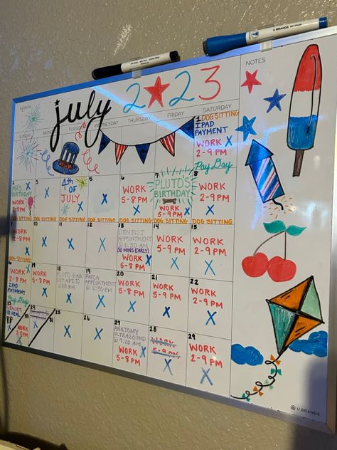 Dry Erase Board Calendar Ideas June, July Calendar 2024 White Board, August Calender White Board, Febuary Calander Whiteboard, July Dry Erase Board Ideas, Calander Board Ideas, July White Board Ideas, August Calendar 2024 Whiteboard, Calendar Inspo Whiteboard