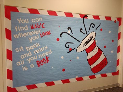 Dr Suess Library Bulletin Board Ideas, Dr Seuss Reading Bulletin Board, Dr Seuss Birthday Bulletin Board Ideas, Dr Seuss Library Ideas, Dr Seuss Library Decorations, Dr Seuss Decorations School, Read Across America Bulletin Board Ideas, March Reading Bulletin Board Ideas, Dr Suess Bulletin Boards