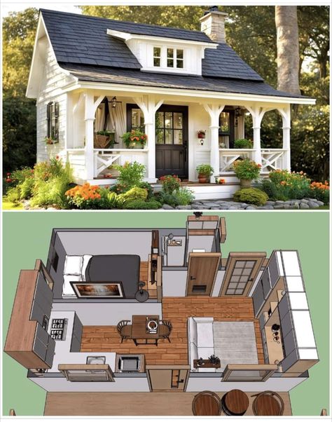 American House Design, Cute Small Houses, Guest House Plans, House Plan With Loft, Backyard Cottage, Little House Plans, Tiny House Layout, Tiny House Inspiration, Sims 4 House Design