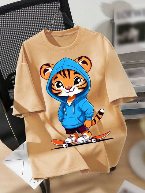 Tween Boy Casual Cartoon Tiger Printed Short Sleeve Crewneck T-Shirt, Suitable For Summer | SHEIN USA T Shirt Trends 2024, Tiger Print Shirt, Photoshop Keyboard, Batman Comic Cover, Cartoon Tiger, Shirt Refashion, Crochet Shirt, Shirts Design, Tee Shirt Designs