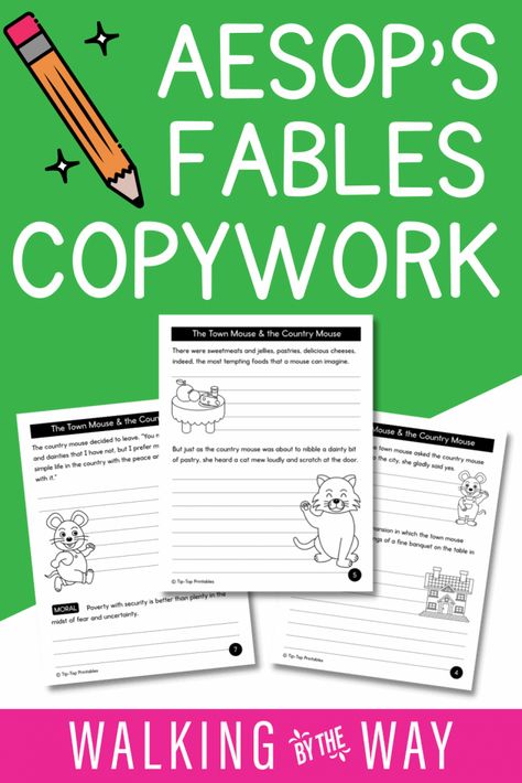 Practice handwriting, reinforce grammar and spelling rules, and discuss practical morals with this pack of Aesop’s Fables Copywork. What’s Included in the Aesop’s Fables Copywork? This printable file includes 48 pages of copywork for your student. Each page includes 1-2 copywork exercises with excerpts from Aesop’s Fables. The pack includes a total of 92 copywork … 2nd Grade Copywork, First Grade Copywork, Aesops Fables Printables, Copywork Homeschool, Aesop's Fables For Kids, Free Copywork, Aesop Fables, Phonics Ideas, Fables For Kids