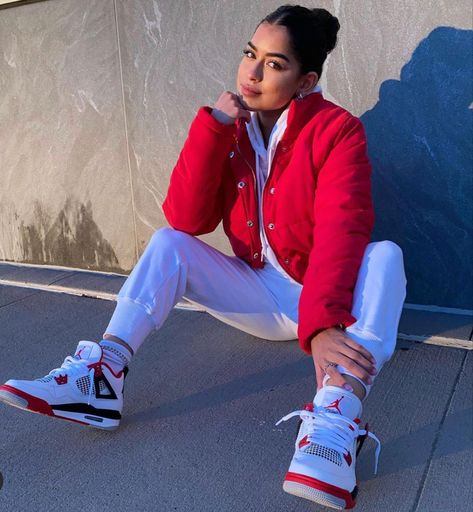 Red And Black Fits Baddie, Jordan 4 Fire Red Outfit Women, Cherry Red 11s Outfit, Black Red And White Outfit, Fire Red 3s Outfit, Nike Puffer Jacket Outfit, Red Jordans Outfit For Women, Red 3s Outfit, Fire Red 4s Outfit