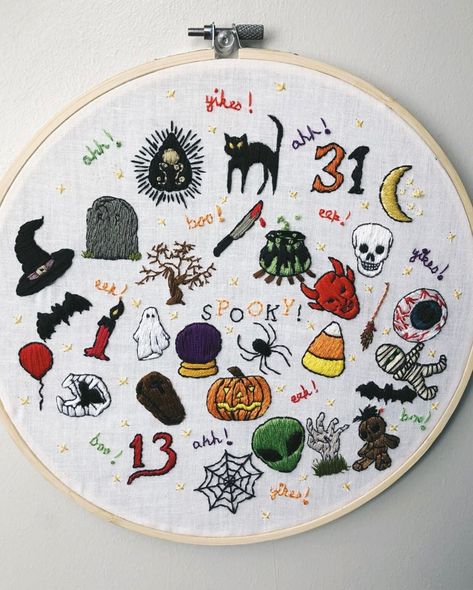 Handmade embroidery art of 31 Days of Halloween! Very spooky! This is an original embroidery, hand-stitched by me on cotton fabric in a 9" wooden embroidery hoop.  The perfect piece of art for any wall or shelf. *Direct message me to inquire about free shipping. Vintage Halloween Embroidery, Embroidery Patterns Halloween, Modern Embroidery Ideas, Halloween Embroidery Patterns, Horror Embroidery, Spooky Embroidery, Hoop Art Wall Decor, Embroidery Halloween, Hoop Art Wall