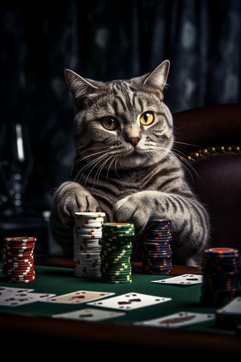 a photography of a grey cat playing poker in a casino table scene with chips and cards Poker Drawing, Poker Aesthetic, Godard Art, Celebrity Dogs, Art Aesthetics, Poker Game, Playing Cards Design, Cat Beds, Whimsical Cats