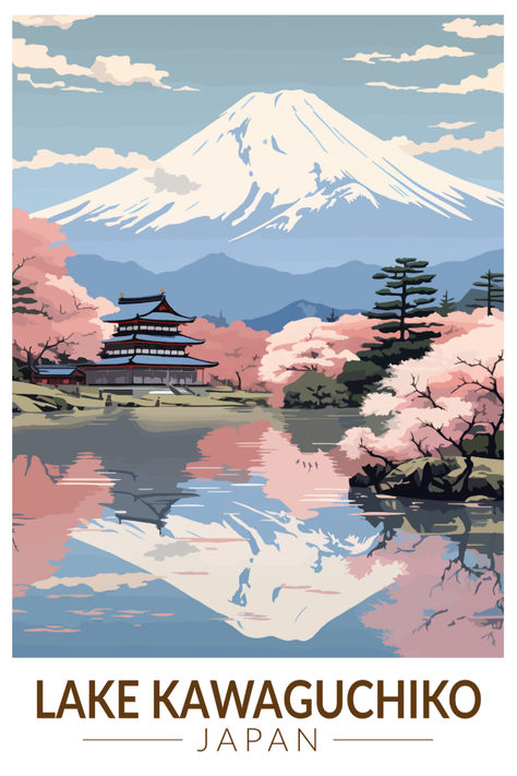 Retro-inspired poster of Lake Kawaguchiko, Japan, featuring the serene lake and Mount Fuji in the background, in a vintage art style. Ideal for collectors and decor. Kawaguchiko Japan, Landmarks Of The World, Lake Kawaguchiko, Houses Illustration, Potential Wallpaper, Digital Bujo, Japan Illustration, Japanese Travel, House Illustration