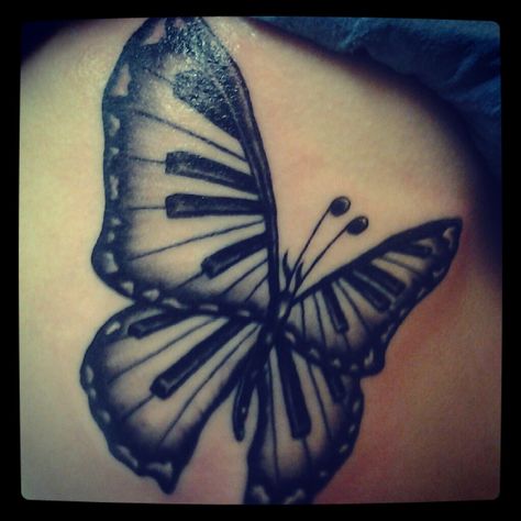 My grandmother was obsessed with butterflies and she taught me how to play piano at a young age, when she passed away this idea just came to me and stuck with me until I finally made it real. Butterfly Music Tattoo, Piano Tattoo Designs, Piano Tattoo Ideas, Piano Tattoos, Musical Tattoos, Piano Tattoo, Christian Flag, Father Tattoos, Tattoo Process