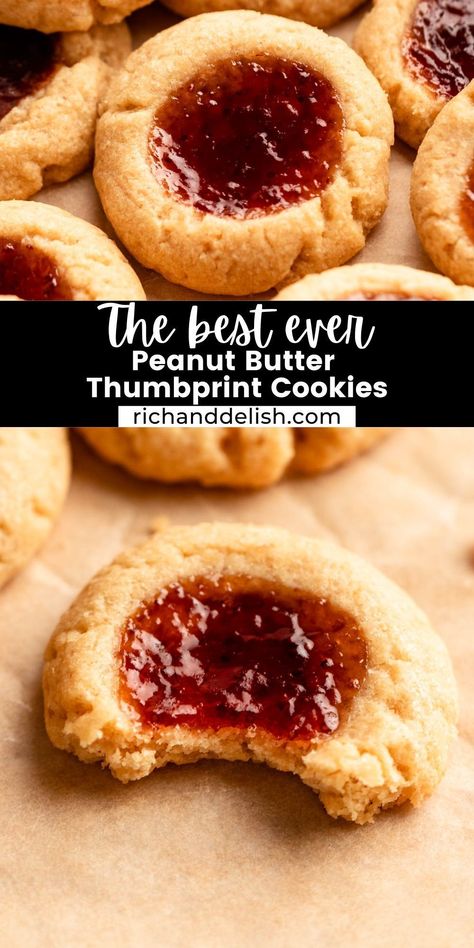 These one bowl peanut butter thumbprint cookies are soft and flavorful and are filled with a strawberry jam filling. Peanut Butter And Jelly Cookies Easy, Peanut Butter And Jelly Thumbprints, Butter Thumbprint Cookies, Peanut Butter Thumbprint Cookies, Holiday Recipes Christmas Desserts, Coconut Pecan Cookies, Thumbprint Cookie, Christmas Main Dishes, Simple Chocolate Chip Cookie Recipe