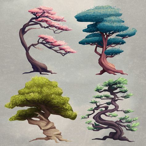 ArtStation - Stylized trees study, Giulia Sfogliarini Magic Tree Concept Art, Green Silhouette, Stylized Trees, Magic Runes, Ear Tattoo Ideas, Fantasy Tree, Tree Study, Landscape Concept, Bonsai Art