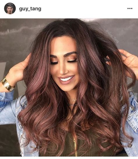 Rose Gold highlights on Chocolate Brown Hair Highlights On Chocolate Brown Hair, Chocolate Rose Gold Hair, Rose Gold Hair Brunette, Pelo Chocolate, Rose Gold Highlights, Brown Hair Shades, Gold Hair Colors, Hair Color Rose Gold, Chocolate Brown Hair Color