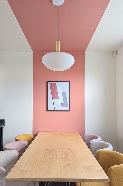 Kitchen Diner Paint Ideas, Zoning Rooms With Paint, Colour Block Dining Area, Accent Ceiling Living Room, Geometric Wall Paint Kitchen, Painted Circles On Wall Ideas, Feature Wall And Ceiling Same Colour, Square Painted On Wall, Color Block Dining Room