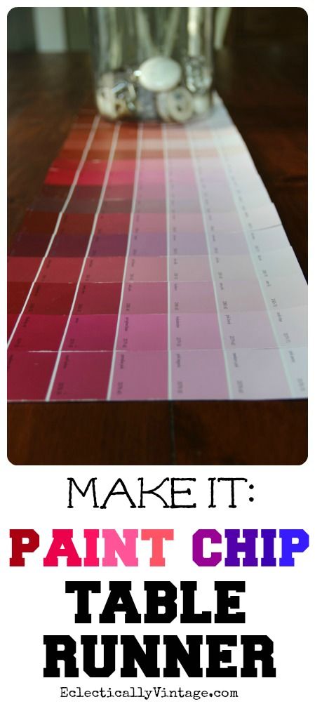 How to Make a #Paint Chip Table Runner kellyelko.com Paint Chip Decorations, Sew Tablecloth, Chip Ideas, Recycled Design, Paint Chip Crafts, Crafts Table, Table Runner Tutorial, Fancy Table, Holiday Party Themes