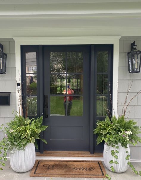 Front Door Garden Ideas Entryway, Pots For Front Door Entrance, Front Door With Two Sidelights, Modern Colonial Front Door, Colonial Front Door With Sidelights, Entryway Planters Front Entry, Office Front Door Entrance, Front Door Flower Pot Ideas Entrance, Front Door Planters Entrance