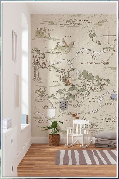 Create a magical atmosphere in your baby's room with our enchanting and imaginative wallpapers. Winnie The Pooh Map, Kindergarten Wallpaper, Baby Nursery Inspiration, Winnie The Pooh Nursery, Wood Nursery, Baby Room Themes, Disney Nursery, Nursery Room Design, Baby Room Inspiration