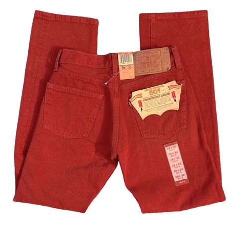 These Vintage Red Denim Levi’s Are New With Tags, But Has A Small Spot On The Bottom Of One Leg As Shown In The Last Picture. Button Fly 100% Cotton Made In The Usa Approximate Measurements From Hip To Hip 13 1/2” Rise 10 1/2” Inseam 30” 501 America’s Preshrunk Jeans - Vintage Items Do Tend To Run A Little Small. Grey Jeans Men, Button Fly Pants, Blue Jeans Mens, Red Denim, Black Jeans Men, Khaki Jeans, Vintage Levis 501, Levi’s Jeans, Denim Color