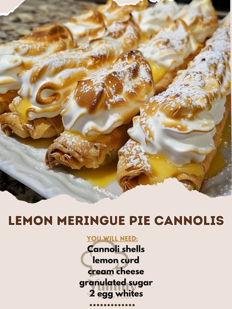 🍋🥧 Transform classic flavors into fun bites with these Lemon Meringue Pie Cannolis! #LemonMeringueCannolis #DessertInnovation 🍽️ Lemon Meringue Pie Cannolis 🛒 Ingredients: Cannoli shells (10 shells, about 100 grams) 200 grams lemon curd 100 grams cream cheese, softened 50 grams granulated sugar 2 egg whites (about 60 grams) 50 grams powdered sugar 👩‍🍳 Instructions: Prepare Filling: Mix lemon curd and cream cheese until smooth. Fill Cannolis: Spoon or pipe the lemon mixture into cannoli sh... Cannoli Shells, Lemon Meringue Pie, Meringue Pie, Classic Desserts, Lemon Meringue, Party Desserts, Cannoli, Lemon Curd, Egg Whites