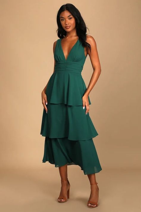 Best Summer Wedding Guest Dresses - Lulus SLeeve Tiered Midi Dress Flowy Midi Dress Formal, Aline Wedding Guest Dress, Lulus Midi Dress, Long Dress For Short Women, Semi Formal Dresses For Wedding Guest Summer, Guest Attire For Wedding, Dark Green Wedding Guest Dress, Formal Garden Wedding Attire Guest, Semi Casual Wedding Attire Guest