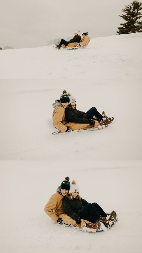 A couple goes sledding down a big hill as they laugh and get sprayed with snow! Sledding Photoshoot, Sledding Photography, Bell Reference, Winter Photoshoots, February Inspiration, Winter Sledding, Fun Date Night Ideas, Winter Sleds, Snow Pics