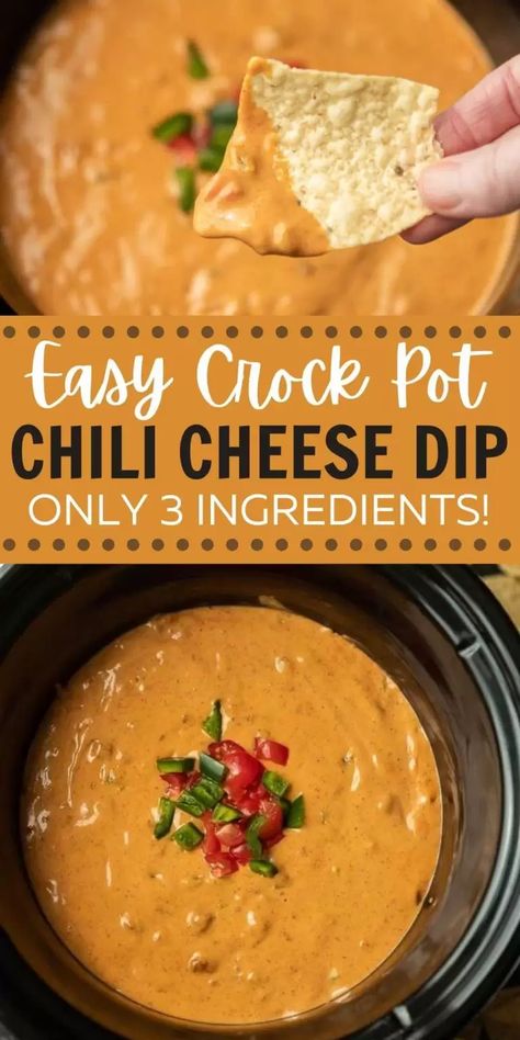 Make this easy 3 ingredient chili cheese dip in your slow cooker! This crock pot chili cheese dip with Velveeta is easy to make and delicious too! This slow cooker dip recipe is gluten free and simple to make in minutes! #eatingonadime #diprecipes #crockpotrecipes #appetizerrecipes Chilis Queso Dip Crockpot, Slow Cooker Chili Cheese Dip, Chili Cheese Queso Dip, Crockpot Chili Dip, Crock Pot Chili Cheese Dip, Chilli Cheese Dip Crockpot, Dip Recipes With Cream Cheese, Crockpot Chili Cheese Dip, Velveeta Chili Cheese Dip