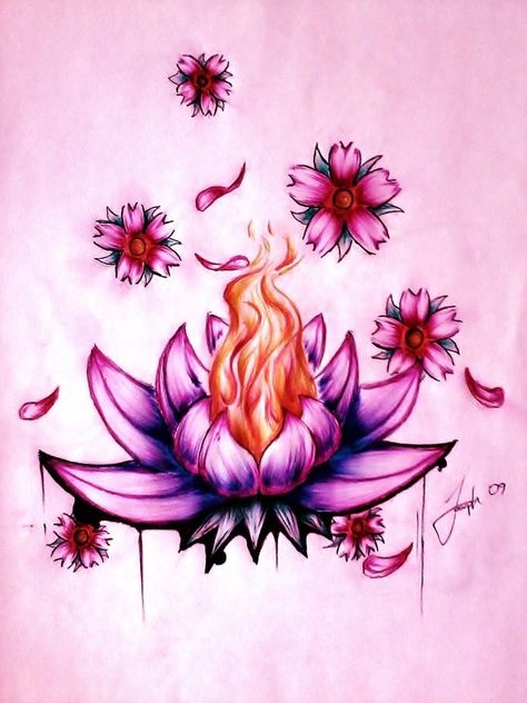 Lotus in fire,  created by LeSweetLou. Love it! Flower Art Drawing Beautiful, Flower Drawing Tumblr, Drawing Ideas Flowers, Lotus Flower Images, Lotusblume Tattoo, Lotus Flower Drawing, Lotus Drawing, Flowers Lotus, Lotus Flower Tattoo Design