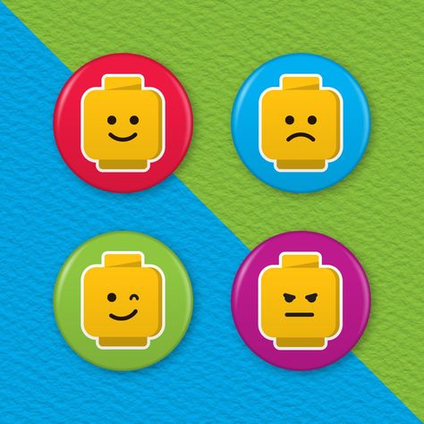 LEGO EMOJI 4 BADGE SET - 1" (25MM) PINBACK BUTTON BADGES Lego Faces, Shower Favors Baby, Lego Birthday Party, Favors Baby Shower, Gender Reveal Party Decorations, Button Badges, Lego Birthday, Lego Party, Fun Treats