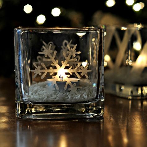 Create Your Own Etched Glass Candleholders (it's Easy!) I found these glass candle holders at the dollar store, and while I loved how chunky... Etched Candle Holders, Snowflake Candle Holders, Candle Craft, Glass Candle Holder, Candles Crafts, Votive Candle Holders, Dollar Store Crafts, Etched Glass, Clipboard