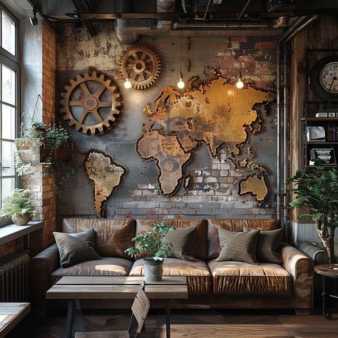 12+ Industrial Chic Metal Wall Decor Ideas for Edgy Spaces • 333+ Art Images Steam Punk Wall Art, Industrial Cabin, Futuristic Decor, Steampunk Interior, Industrial Theme, Loft Designs, Bar Display, Study Room Design, Fantasy Maps