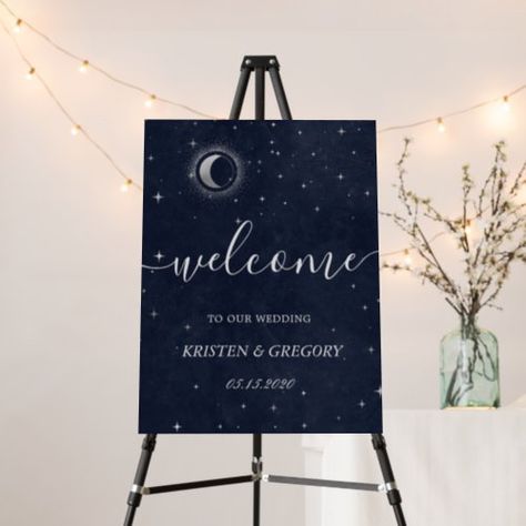 Celestial Wedding Theme, Blue Gold Wedding, Starry Night Wedding, Moon Wedding, Celestial Wedding, Blue Theme, Welcome Poster, Welcome To Our Wedding, Future Ideas